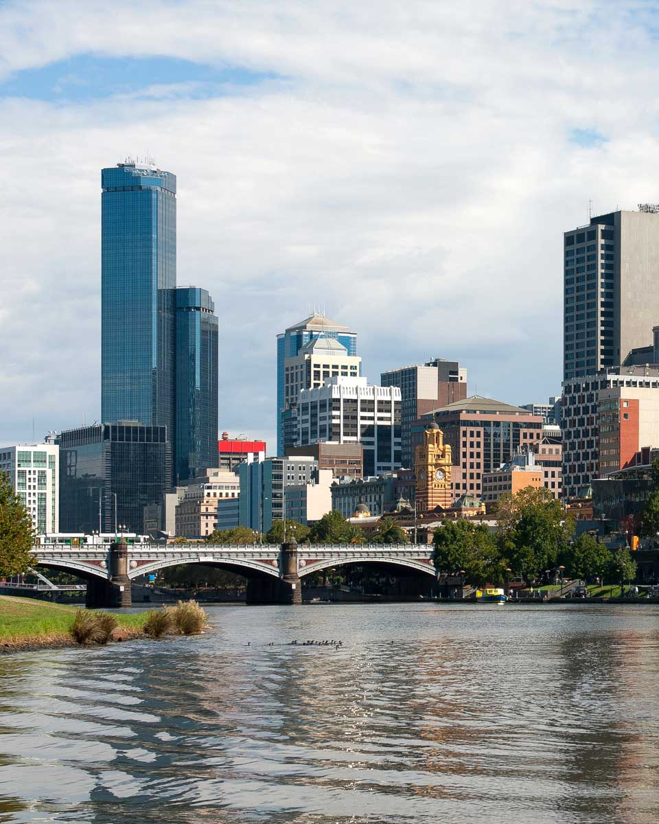 Melbourne seen from Yarra River on a cruise in Australia