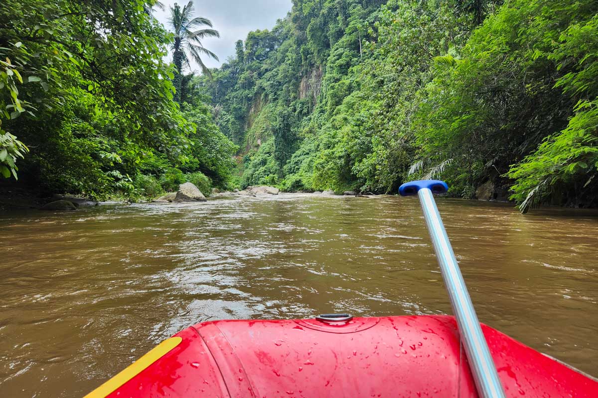 Shot of the front of a raft going down the river in Bali