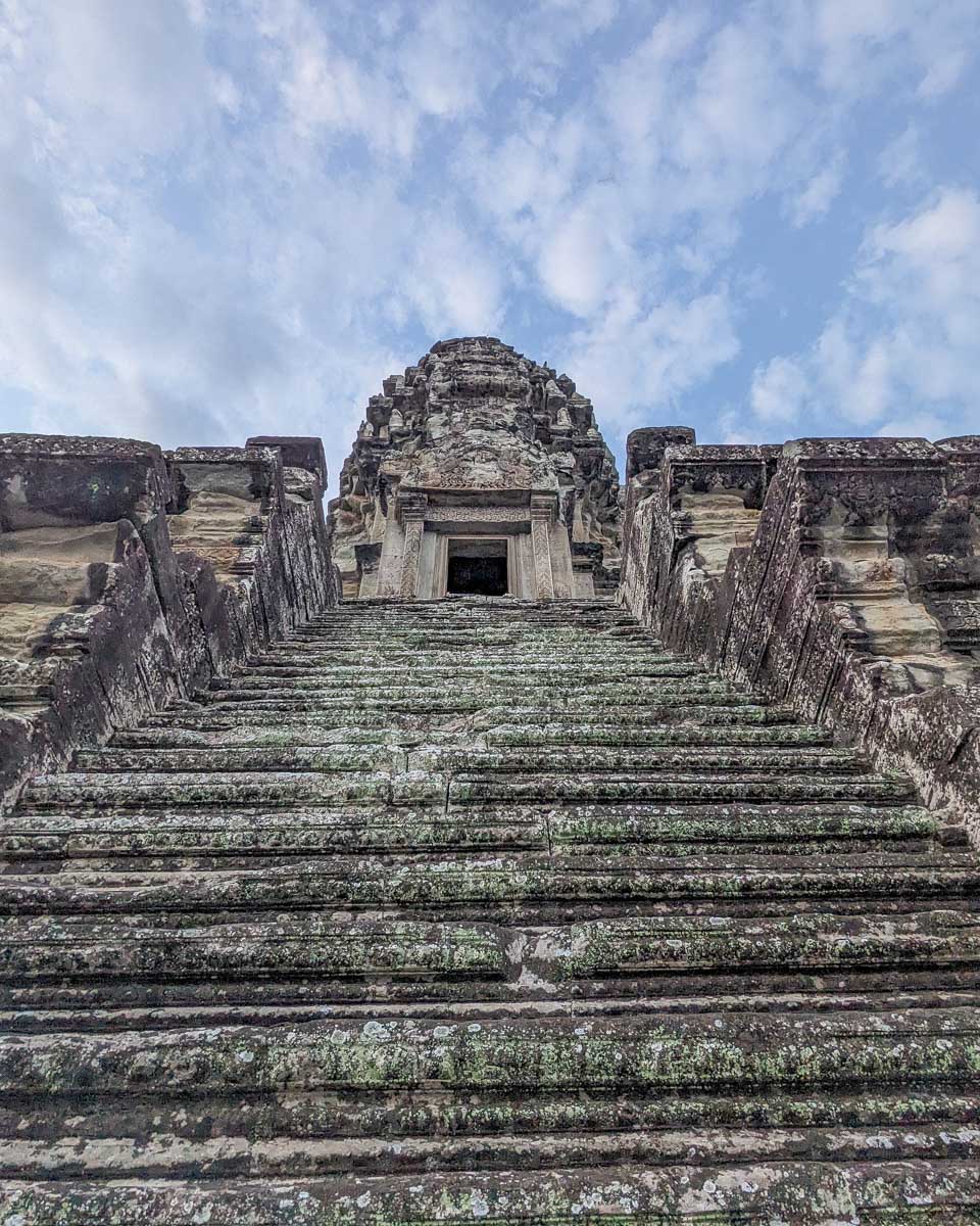 Stairs in Angkor Wat temple at sunrise Siem Reap Cambodia