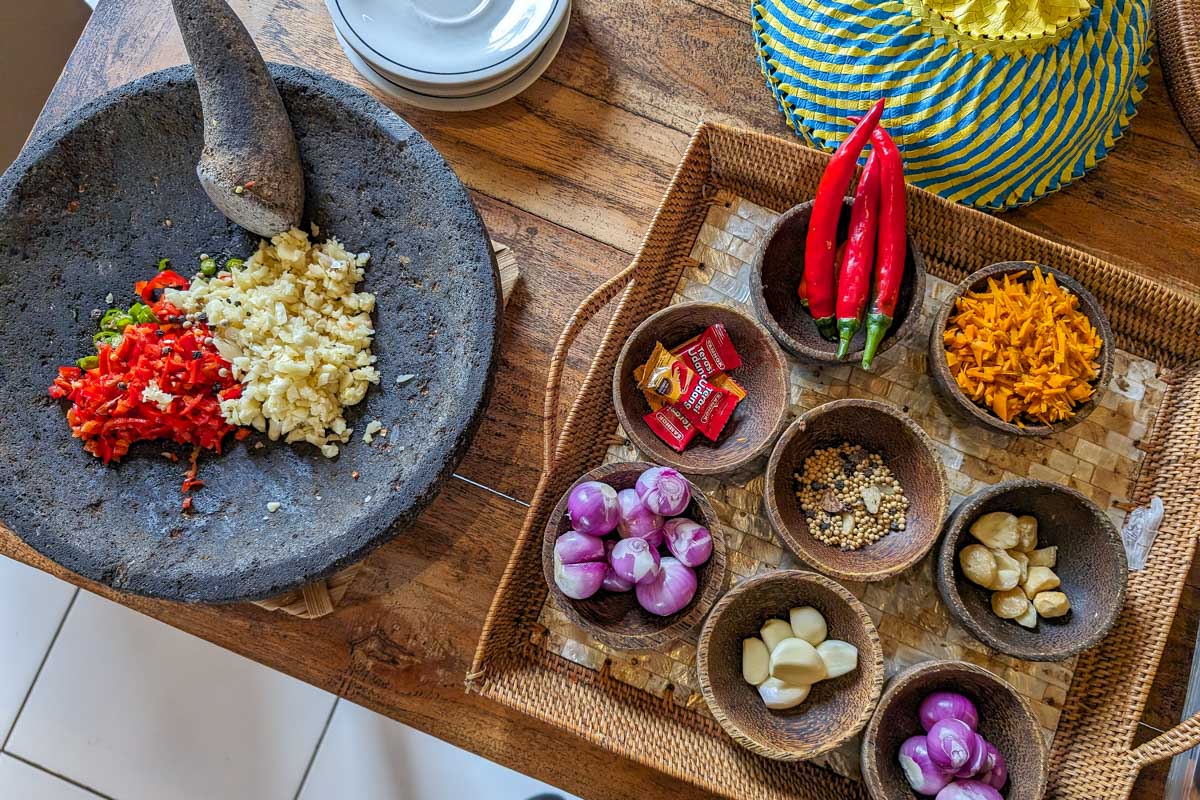 Various ingredients during a cooking class in Ubud Bali
