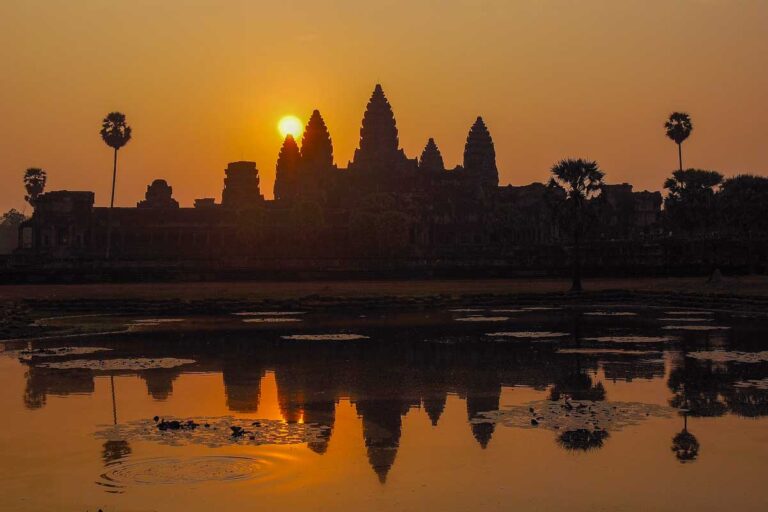 Angkor Wat at sunrise seen in Siem Reap Cambodia