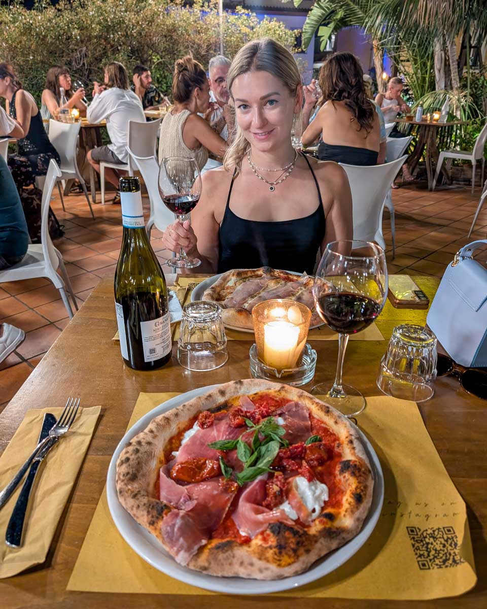 Bailey at Pizza at Osteria Pizzeria Le Tre Vie in Taormina Italy