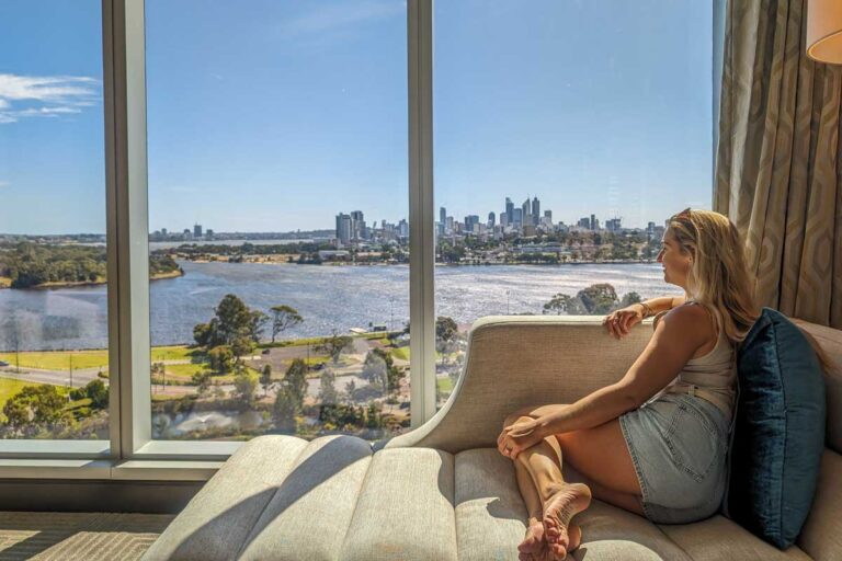 Bailey looks at the river from Crown Towers Perth Australia