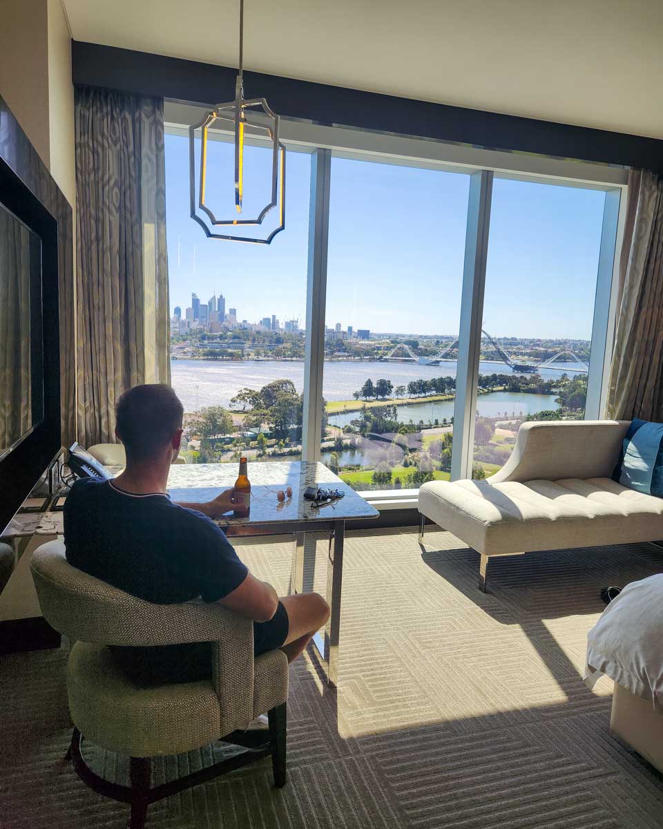 Daniel in hotel room at Crown Towers Perth Australia