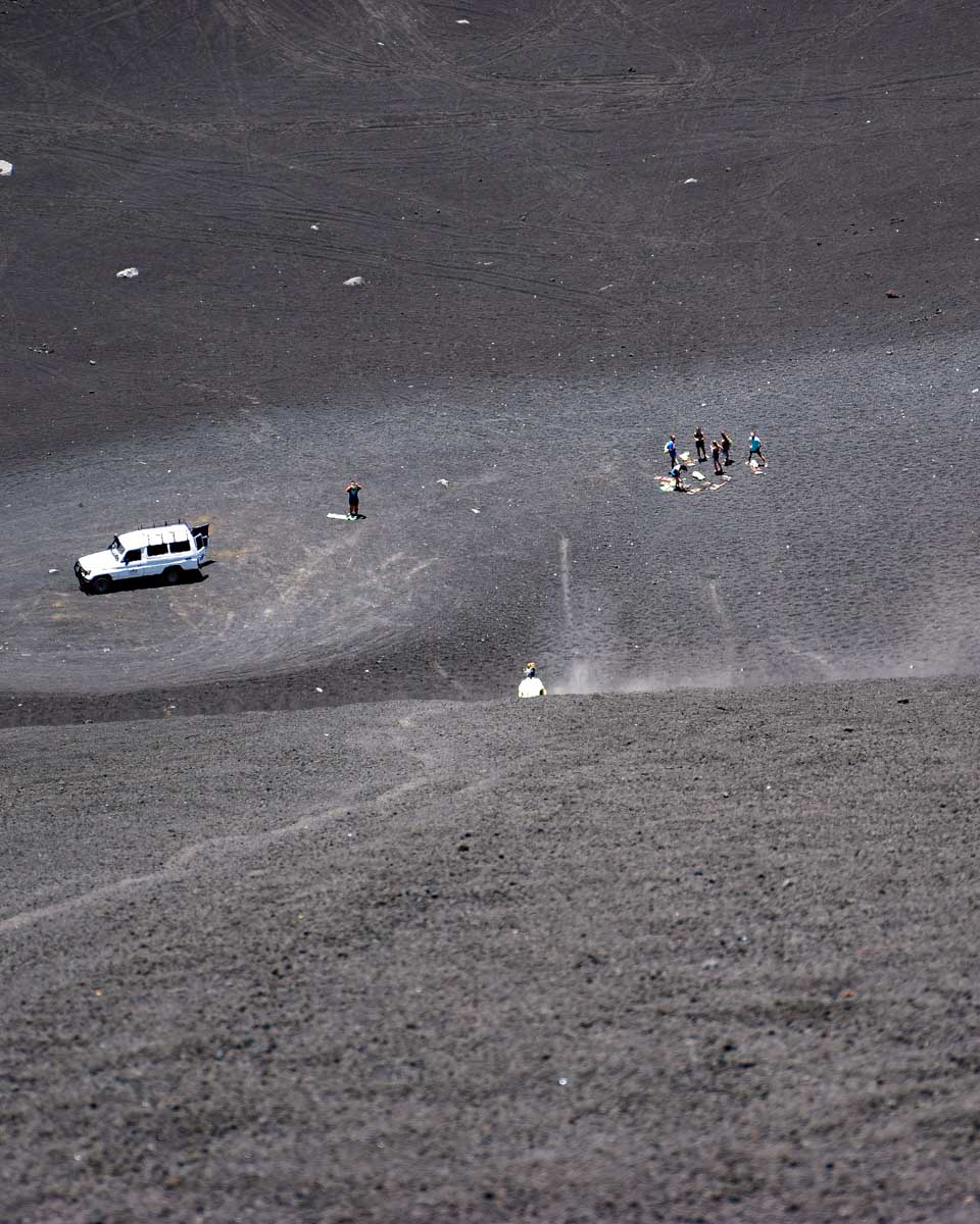 Looking down cerro negro while Bailey volcano boards in Nicaragua