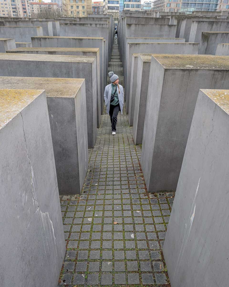 Bailey walks through the Memorial to the Murdered Jews of Europe in berlin Germany