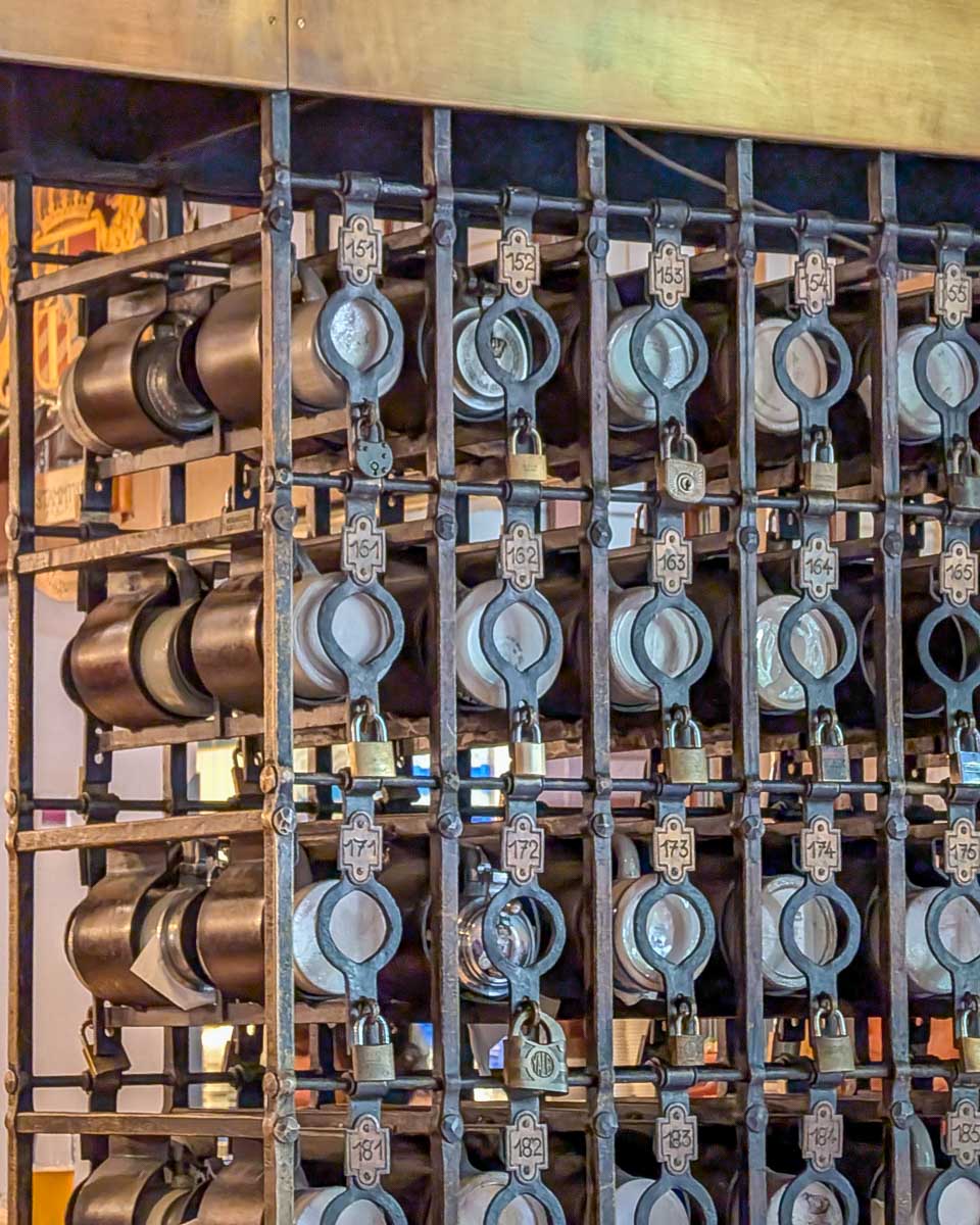 Beer mugs stored on a shelf in Munich Germany