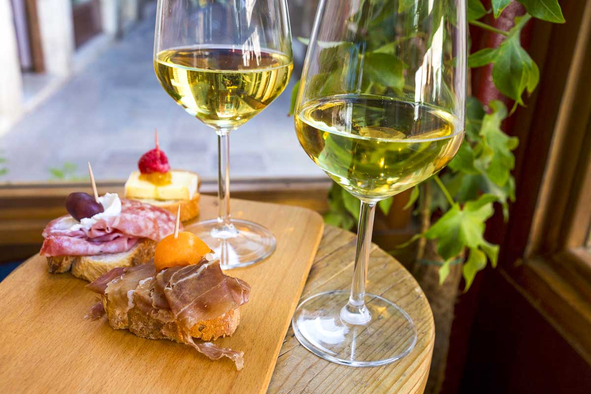 Different kind of the Cicchetti eaten at a bacaro in Venice Italy