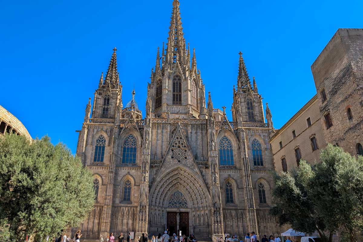 Looking at the front of Holy Cross Cathedral in Barcelona Spain