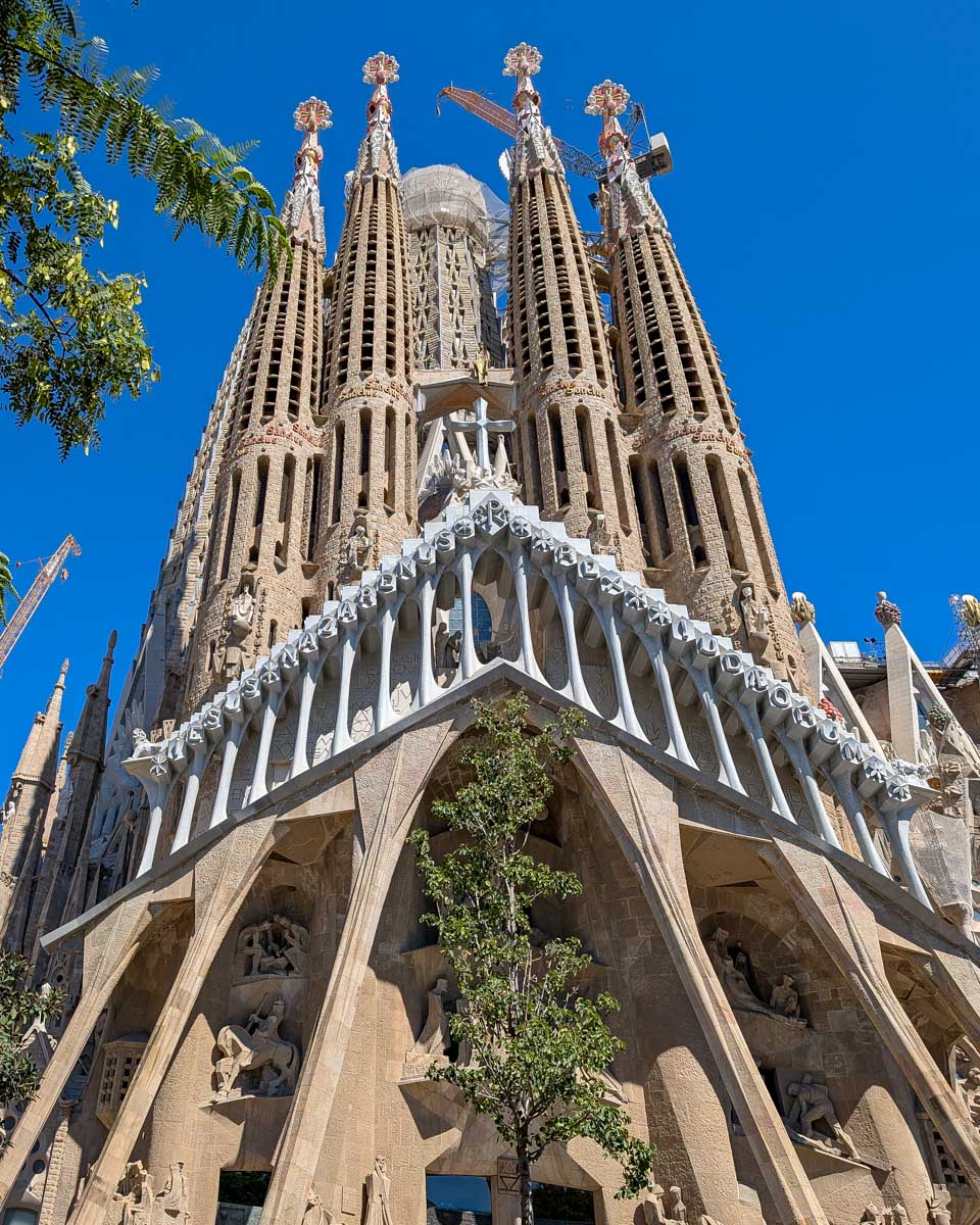 Looking up at Sagrada Familia in Barcelona Spain
