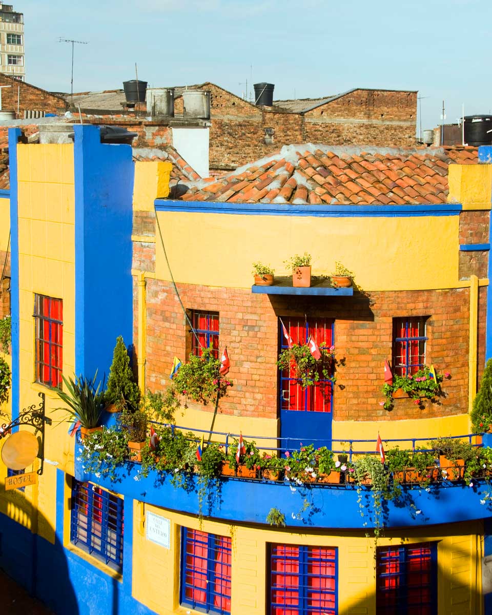 Rooftop view of a colorful building in La Candelaria Bogota
