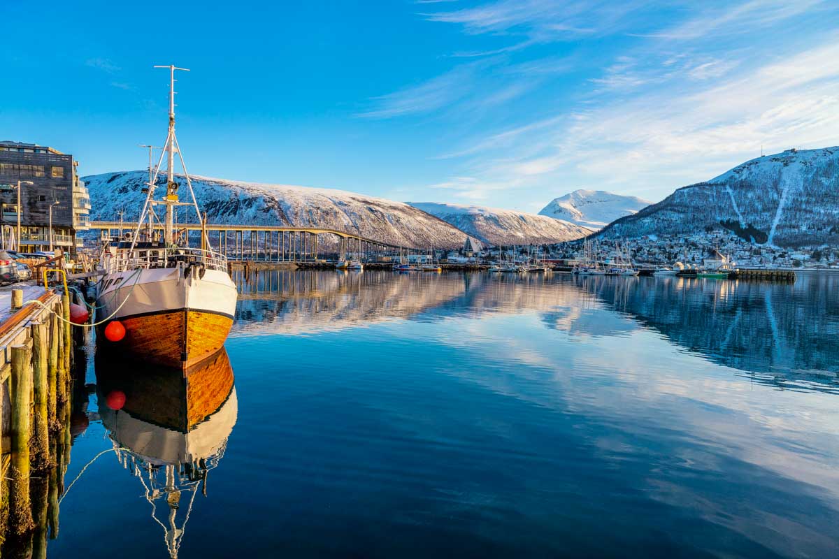 A boat in the winter landscape of Tromso Norway