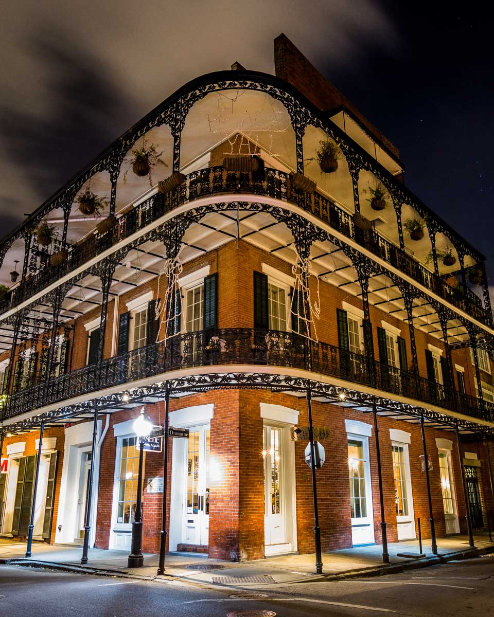 A building at night in the French Quarter of New Orleans Louisiana on a ghost tour