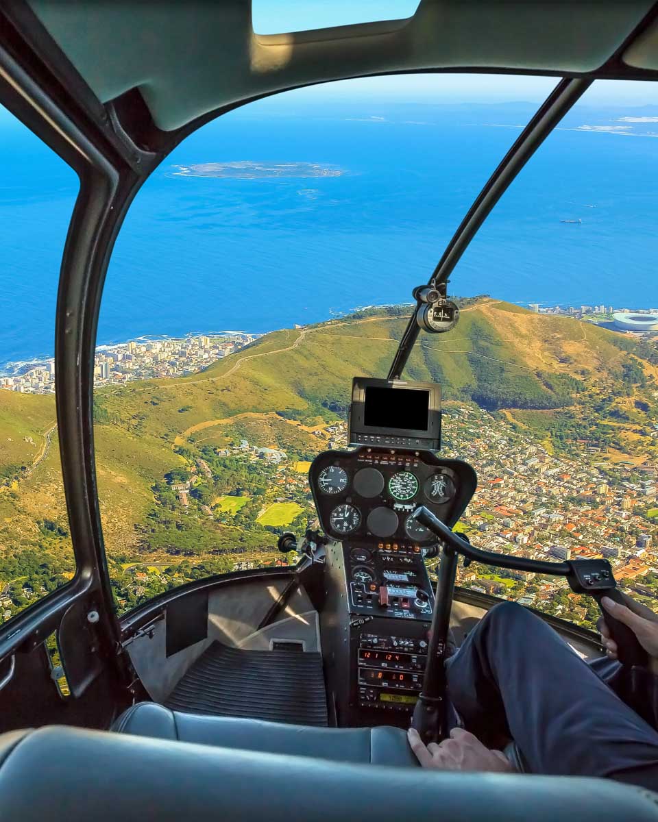 A helicopter flies over Cape Town South Africa
