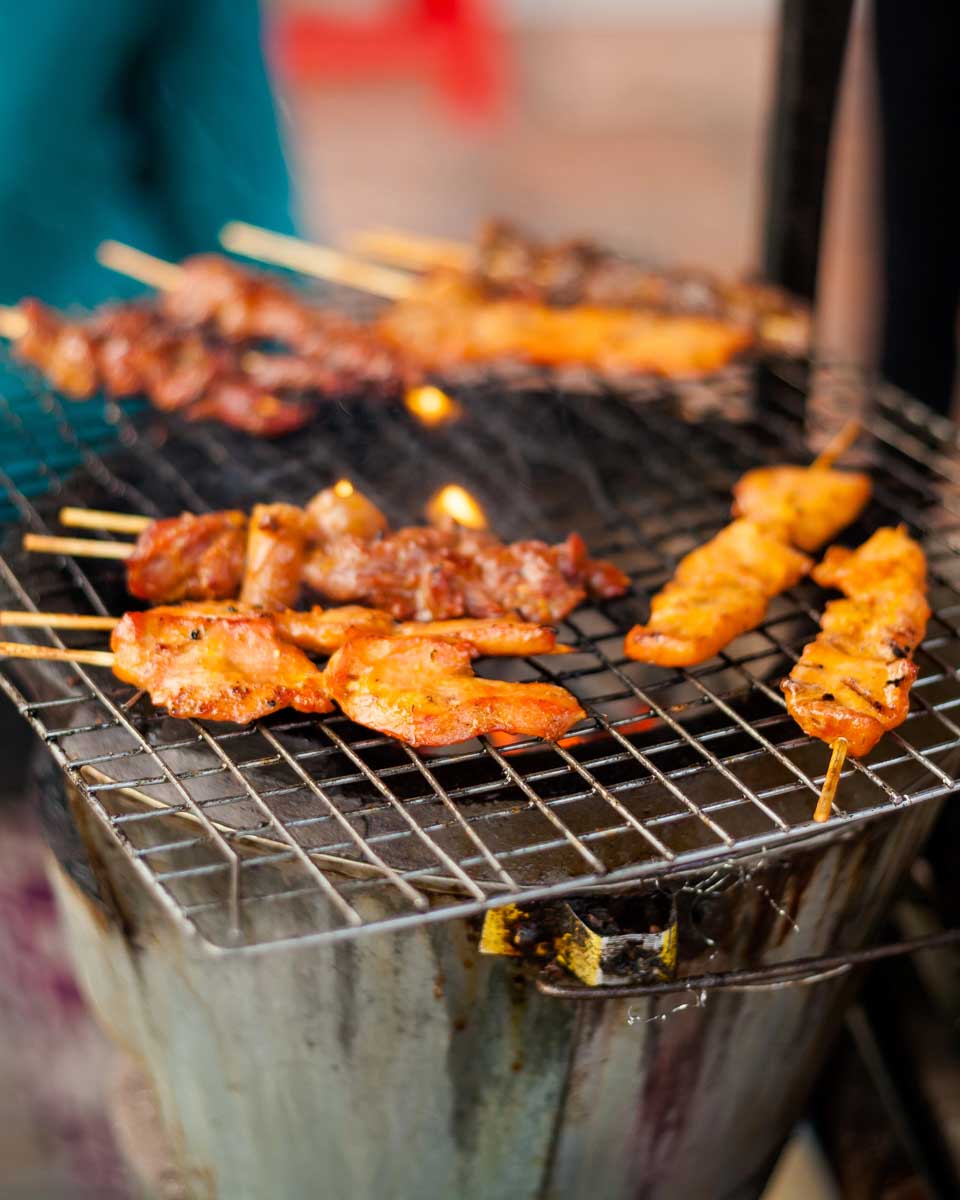 Grilled meat on a food tour in Phnom Penh Cambodia