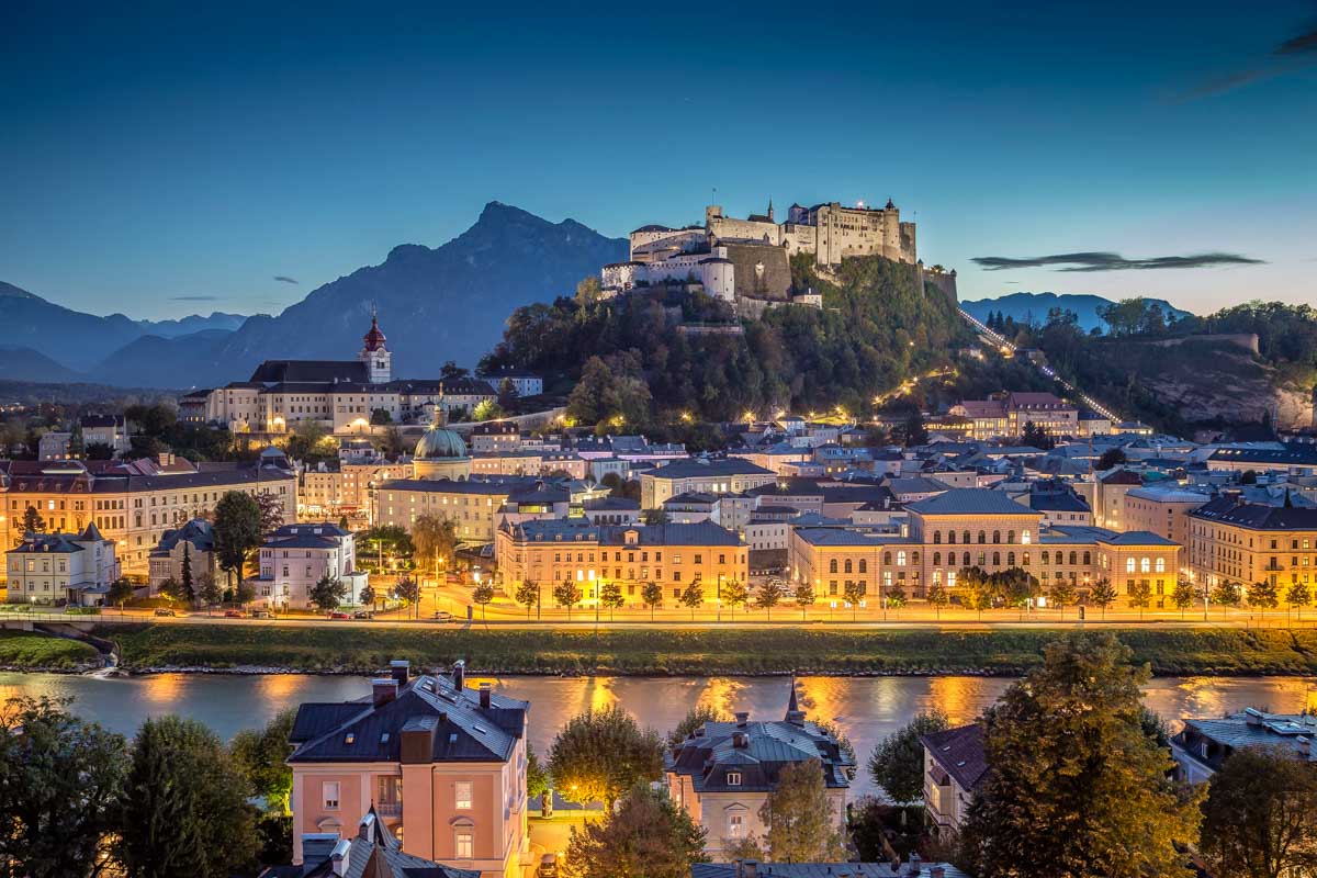Historic city of Salzburg at dusk, Austria
