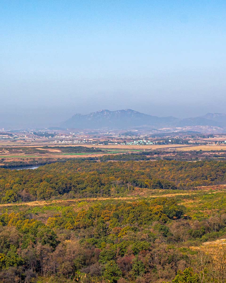 Looking into North Korea from the Dora Observatory at the DMZ on a tour from Seoul South Korea