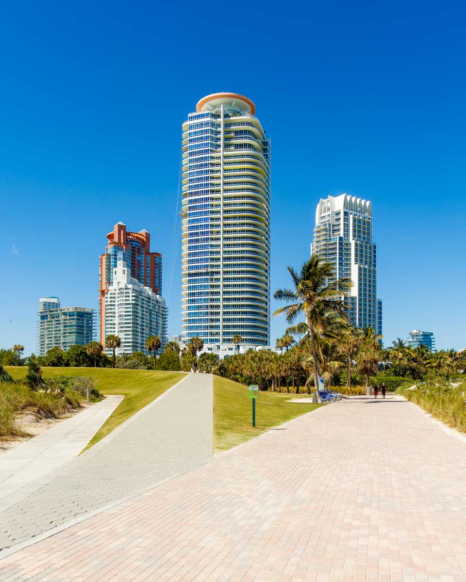 Miami beach bike paths and buildings in Florida