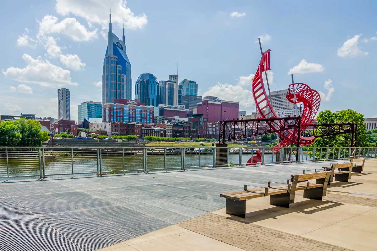 Nashville, Tennessee downtown skyline and streets on a sunny day