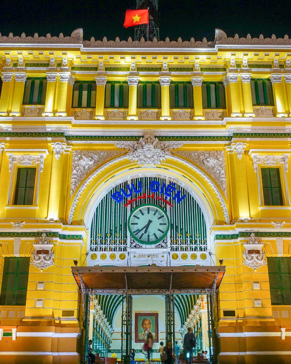 The Central Post office at night in Saigon Ho Chi Minh Vietnam