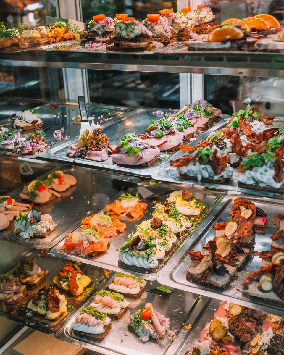 Various foods on display on a food tour in Copenhagen Denmark