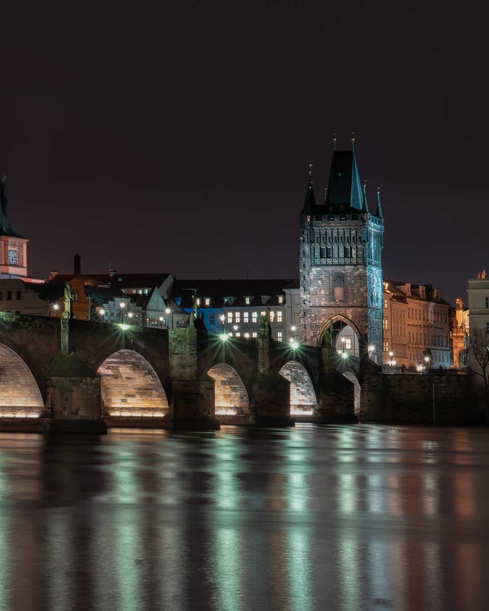 View of Charles Bridge from a boat in Prague Czech Republic