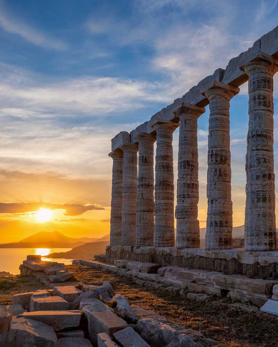 temple of poseidon at sunset on a tour from Athens Greece