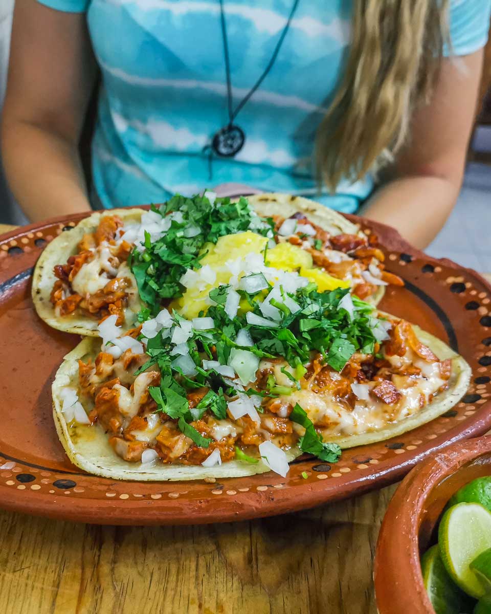 Bailey-sites-behind-a-huge-plate-of-al-pastor-tacos-on-a-taco-tour-in-Mexico City Mexico