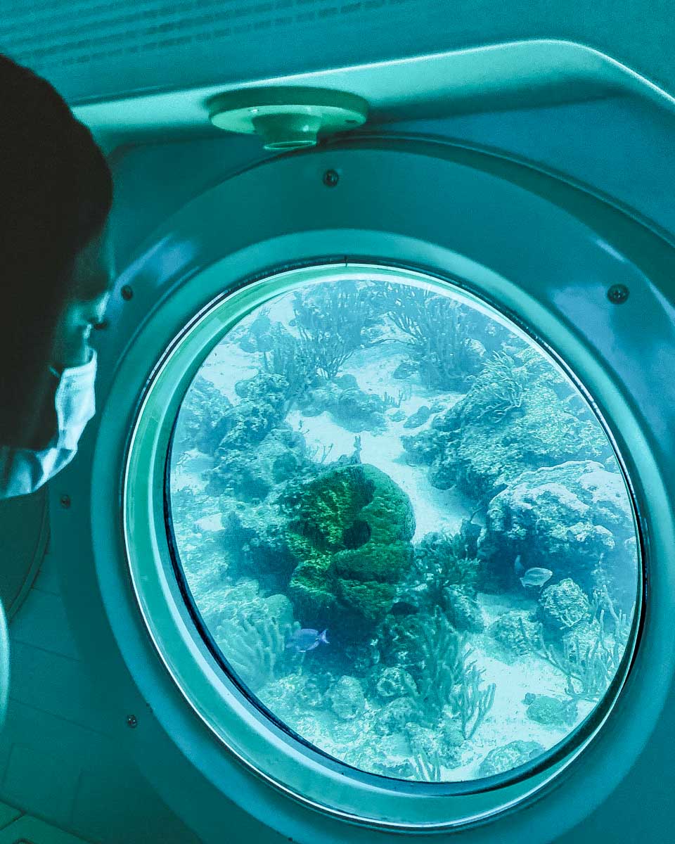 De Palm Tours Aruba a person looks out a window while on a submarine tour in Aruba