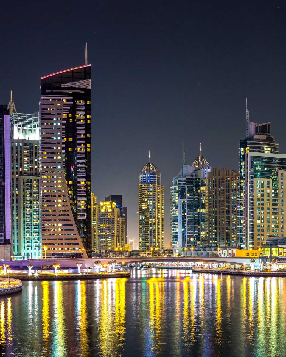 Dubai Marina seen at night on a cruise in Dubai