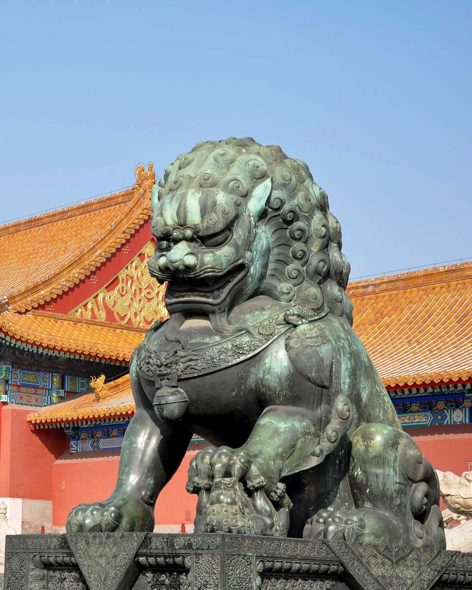 Forbidden City bronze lion statue in beijing China