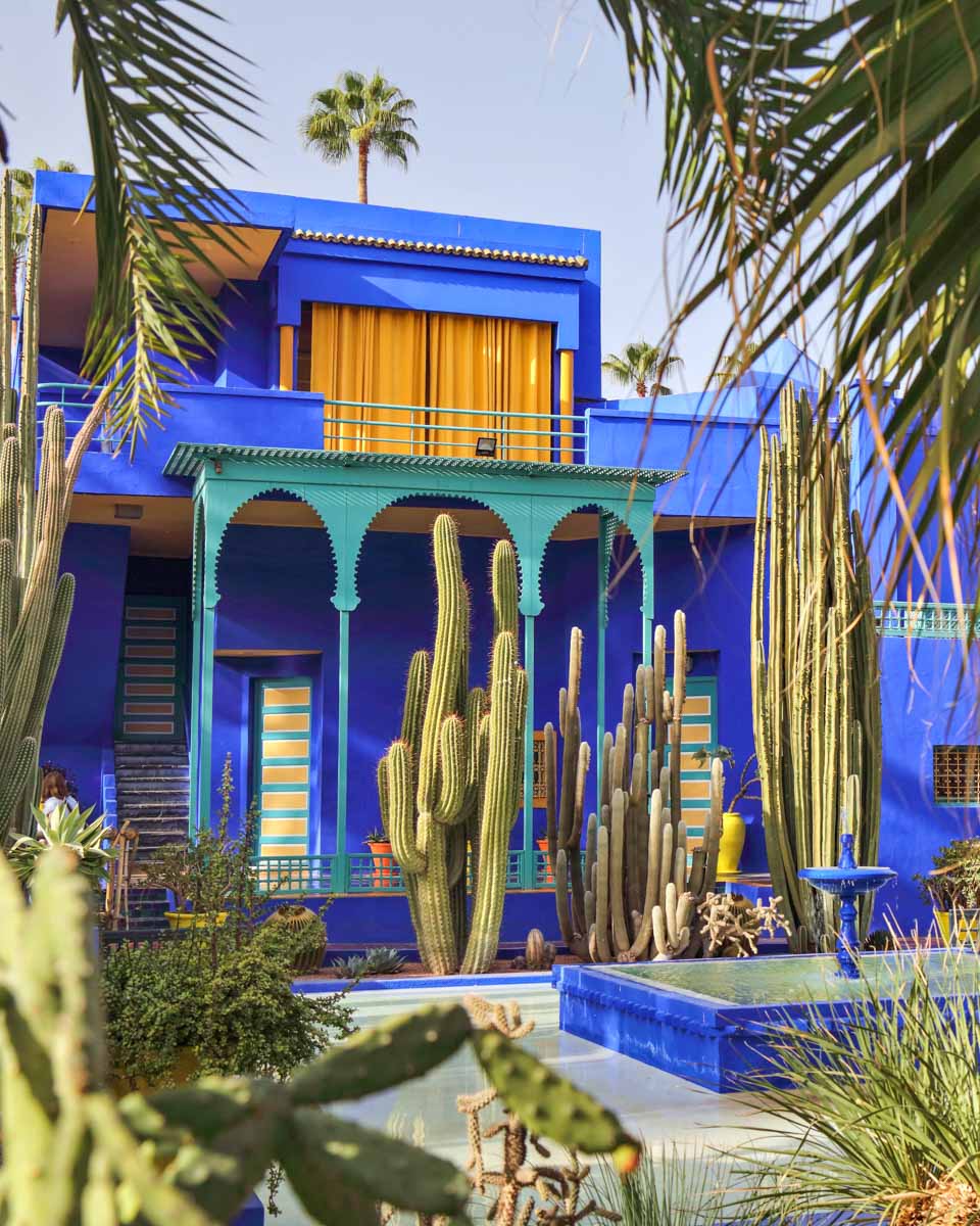 A blue building in the Jardin Majorelle Gardens in Morocco