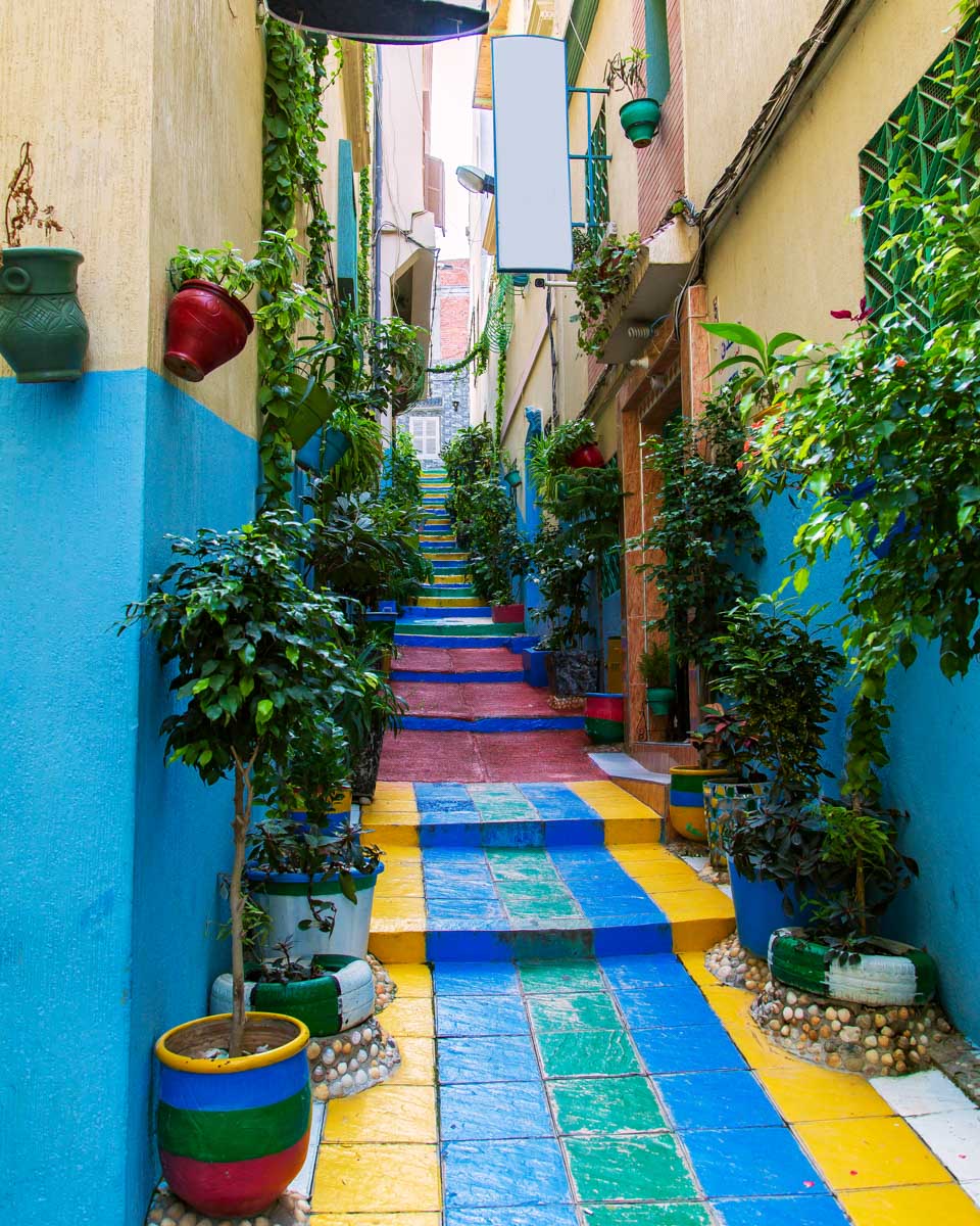 A colorful street in Tangier , Morocco seen on a daytrip from Malaga, Spain