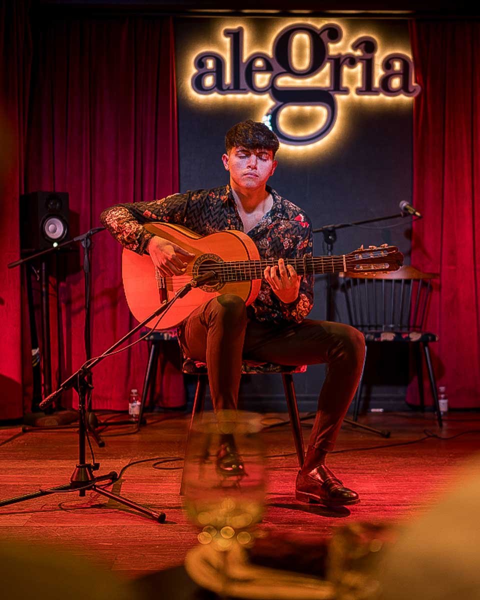 A man plays guitar on stage at a flamenco show in Malaga, Spain