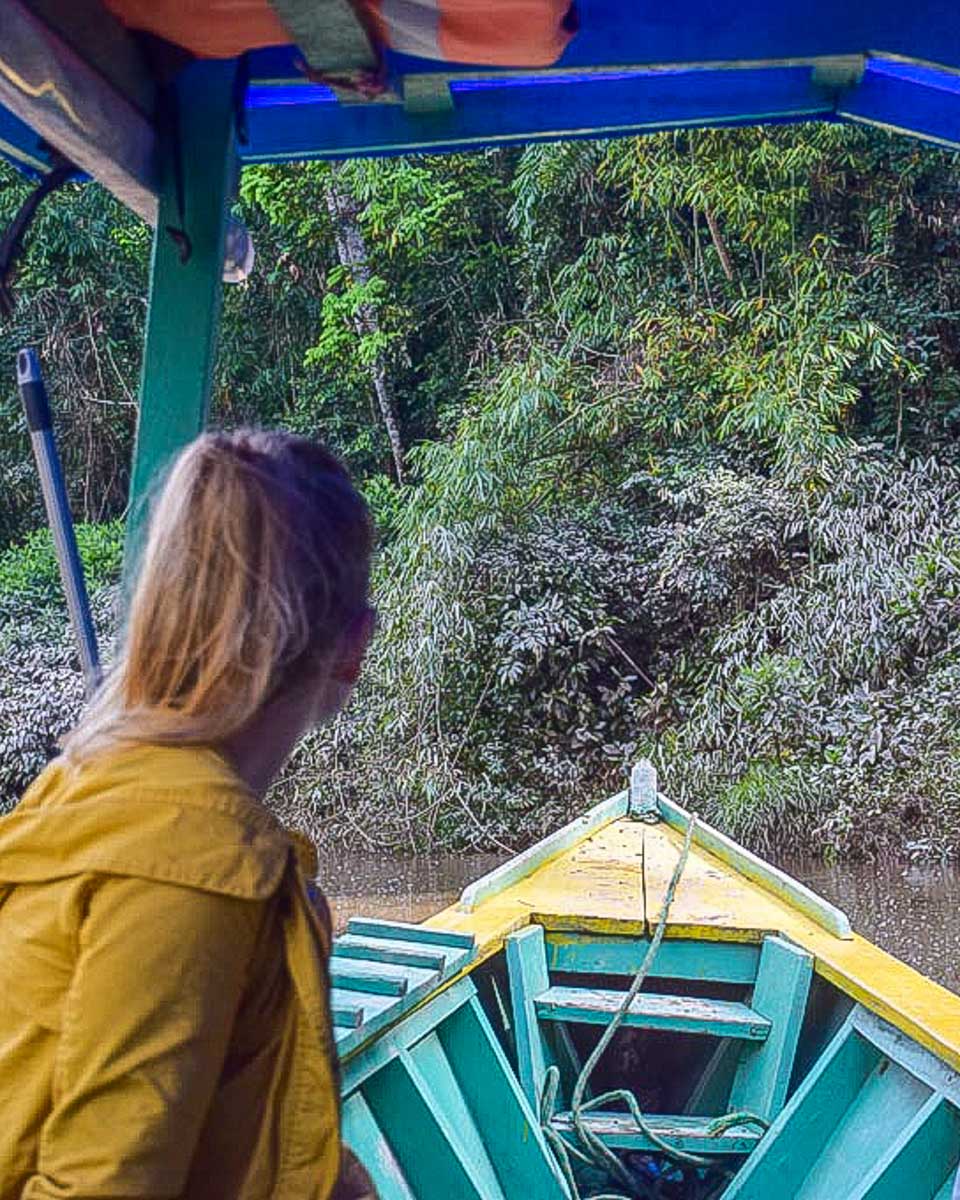 Bailey on a boat to Monkey Island from Puerto Maldonado Peru