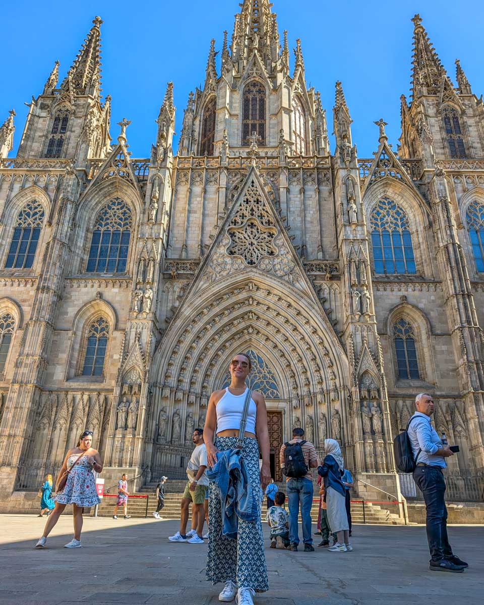 Bailey poses for a photo at the Cathedral of Barcelona in the Gothic Quarter in Barcelona Spain