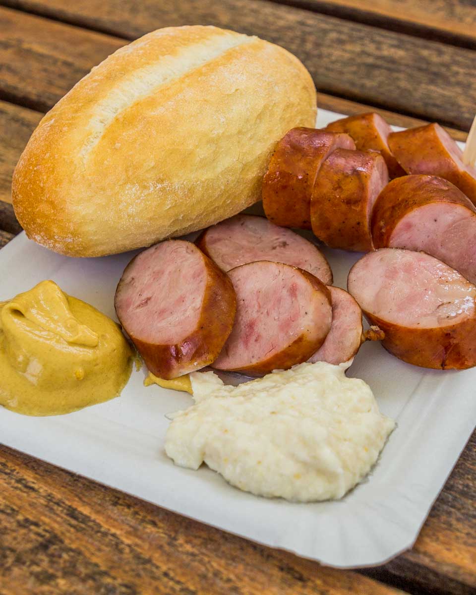 Carniolan sausages eaten on a food tour in Ljublijana Slovenia