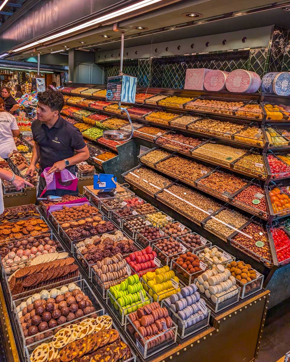 Chocolate stand in Mercat de la Boqueria in Barcelona, Spain