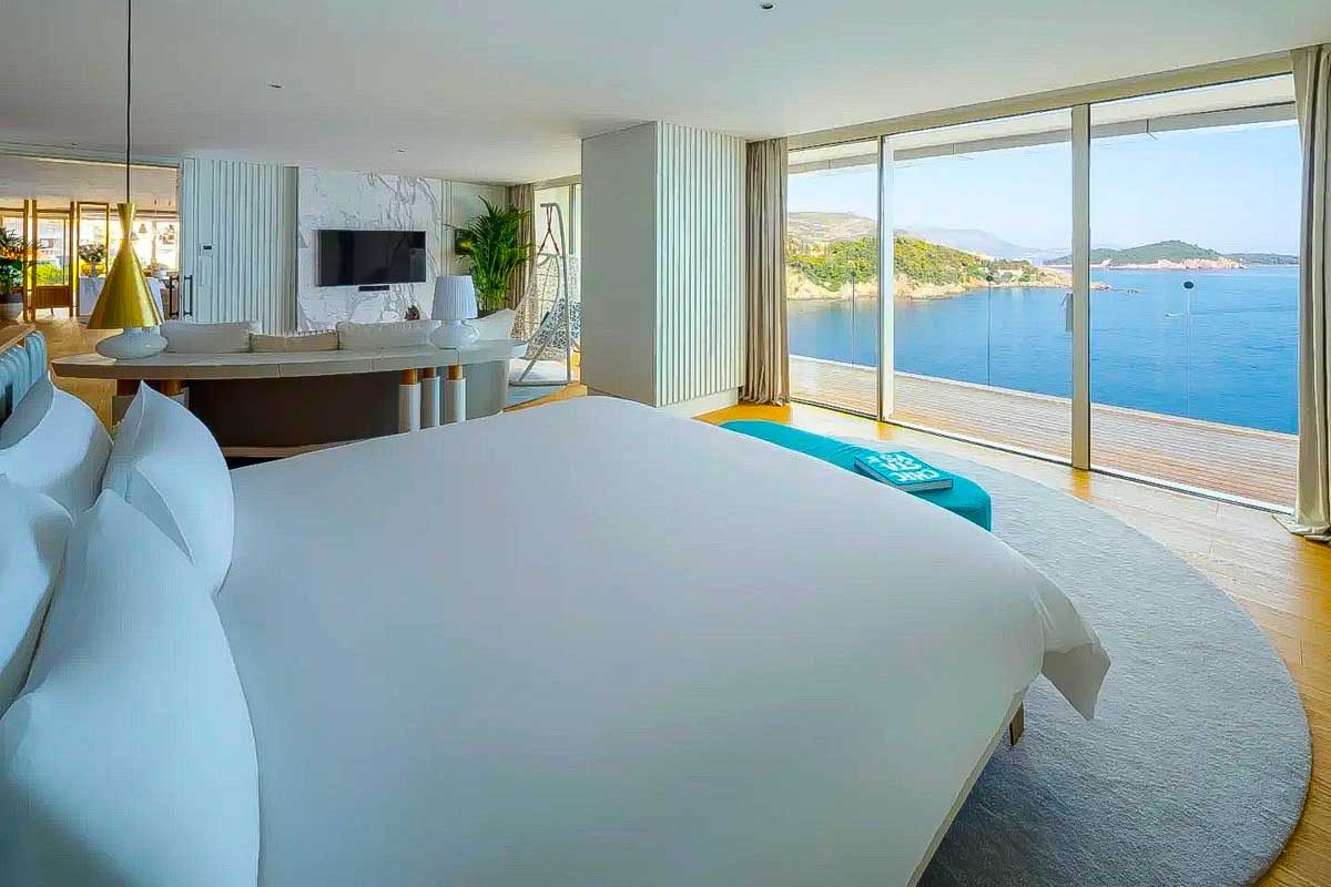 A room in the Rixos Premium Dubrovnik hotel with a view of the Adriatic sea