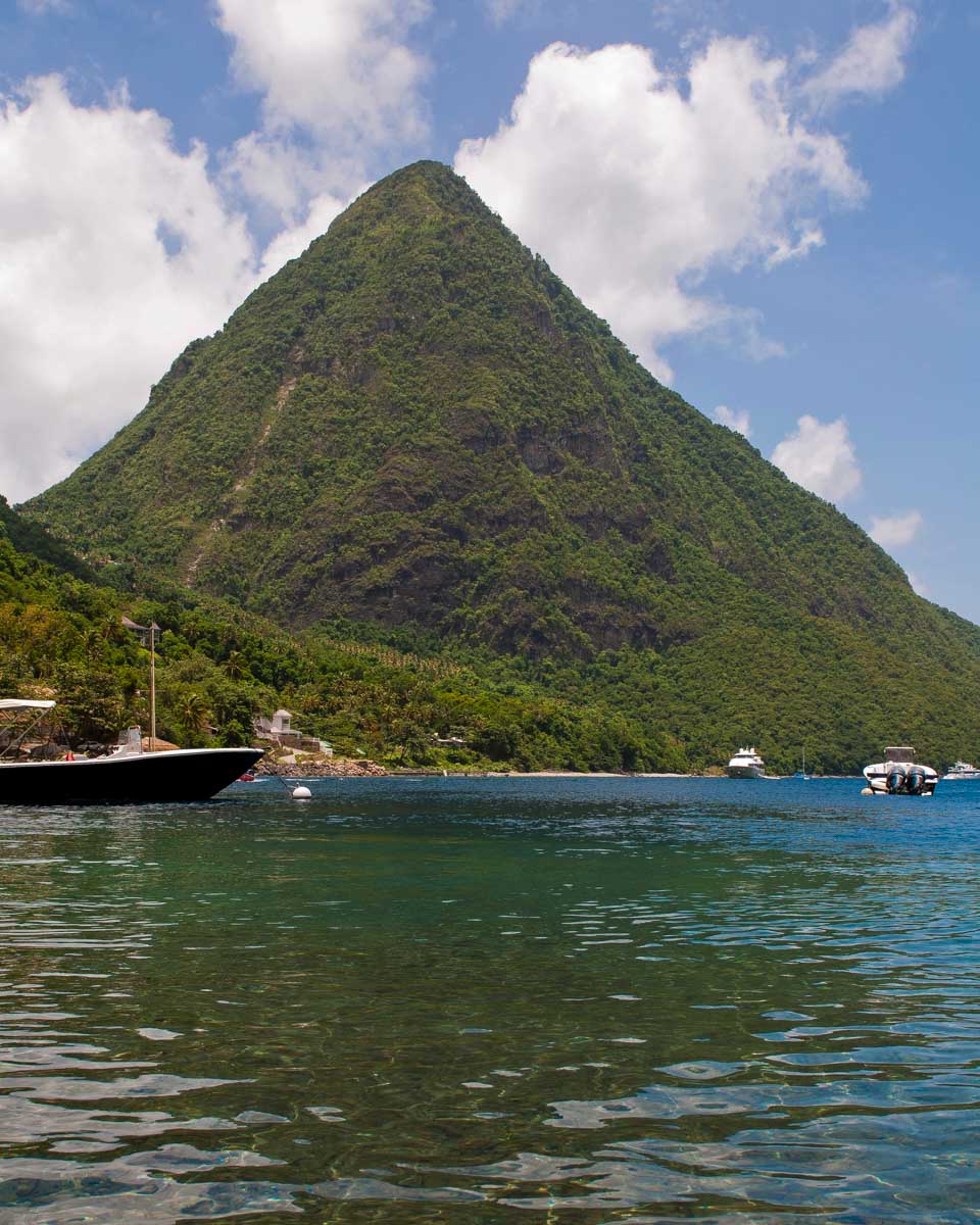 The Pitons seen from Jalousie Beach on a tour of St Lucia