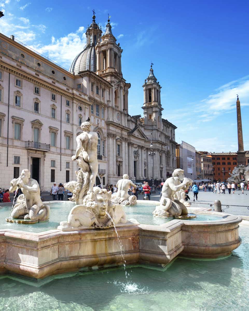 View of the fountain and church at Piazza Navona in Rome, Italy