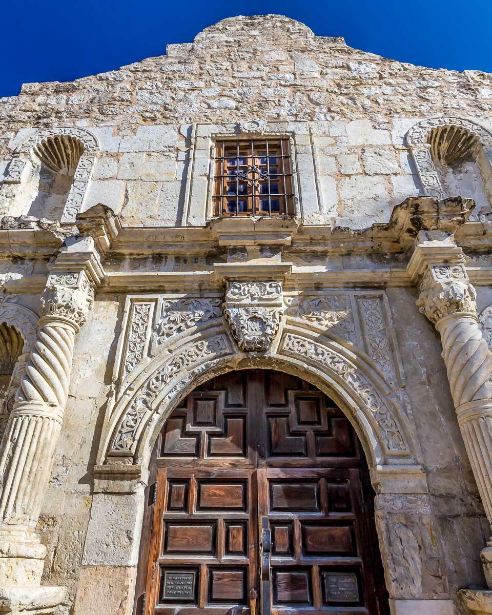 A close view of the front of the Alamo in San Antonio Texas