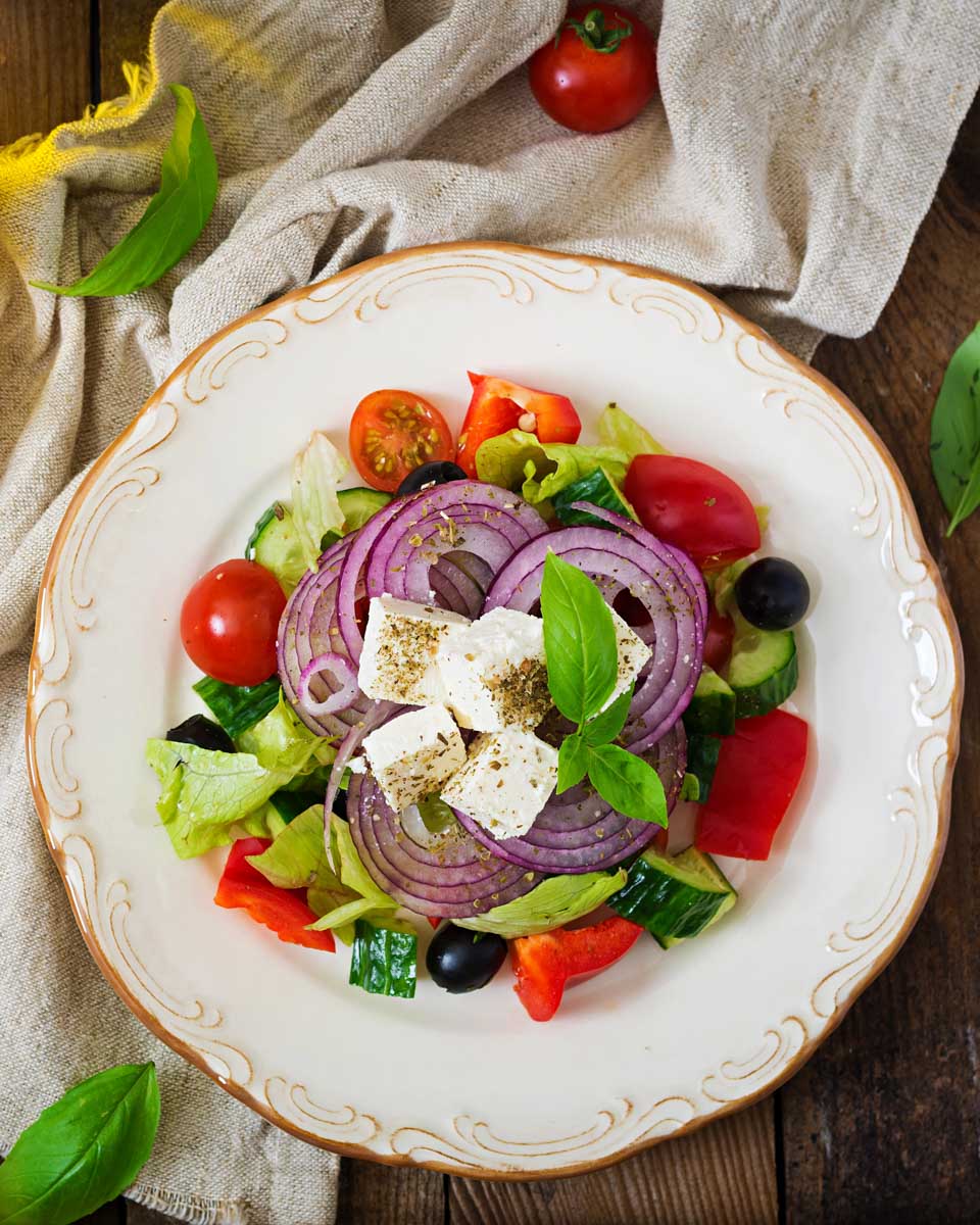A greek salad made on a cooking tour in Santorini Greece