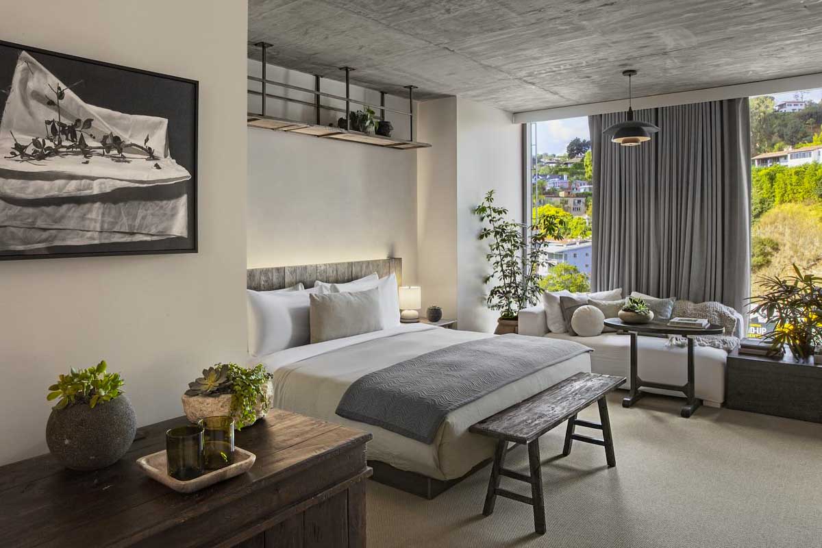 A hotel room at the 1 Hotel West Hollywood in Las Angeles California