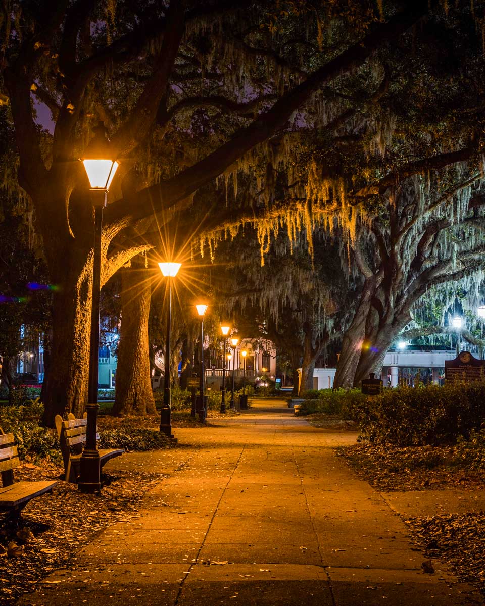 A park at night seen on a ghost tour of Savannah Georgia