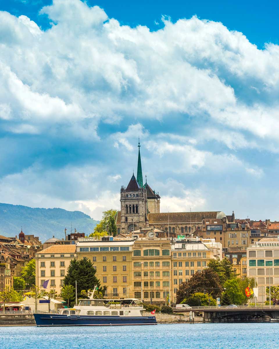 Buildings seen from Lake Geneva on a boat tour in Geneva Switzerland
