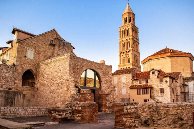Diocletian’s Palace and bell tower at sunset in Split Croatia