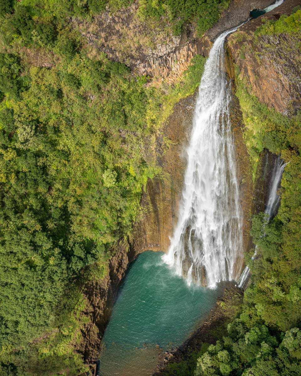 Jurassic Park Falls or Jurassic Park Falls seen on a helicopter tour from Kauai Hawaii