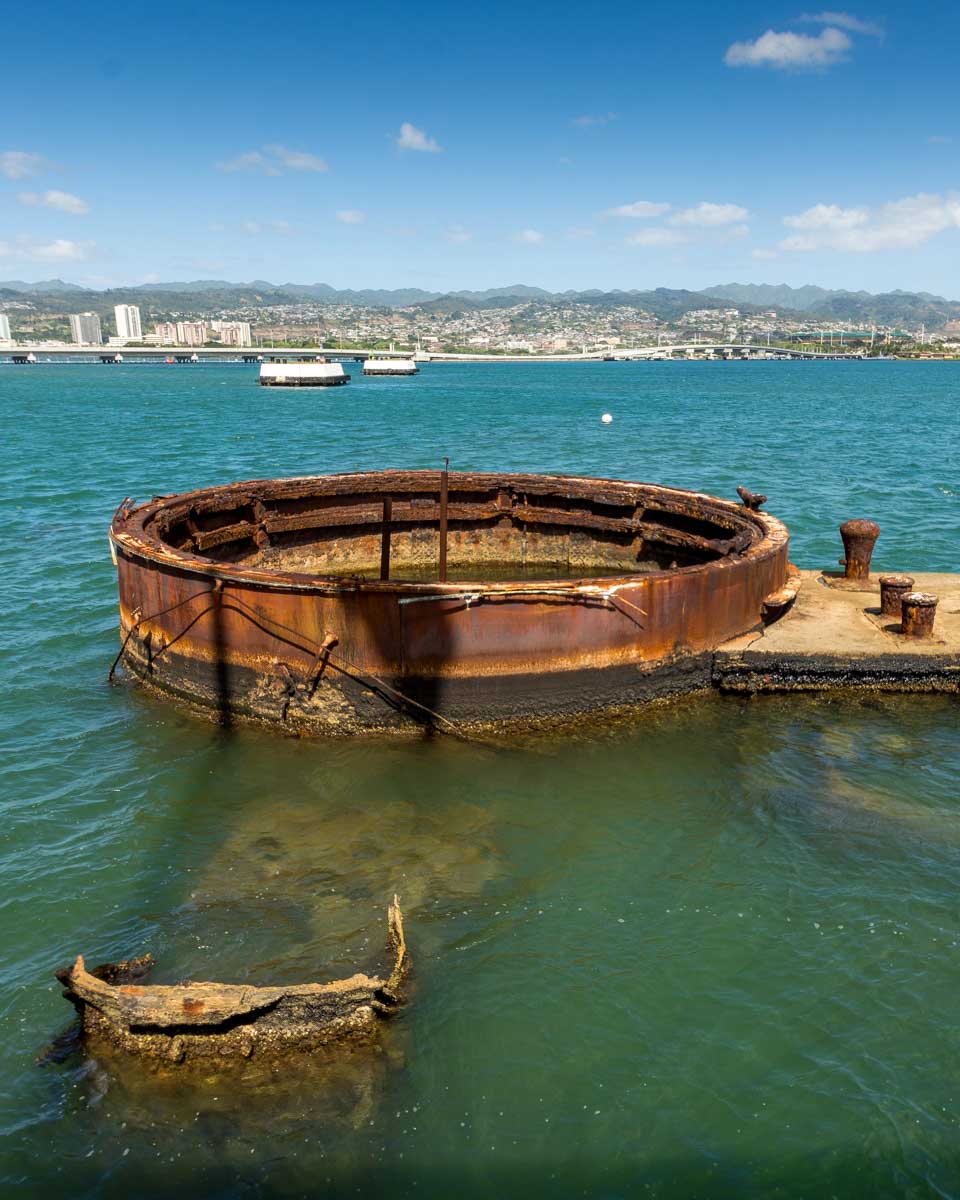 Part-of-the-wreck-of-the-USS-Arizona-in-Pearl-Harbor-Oahu-Hawaii near Honolulu
