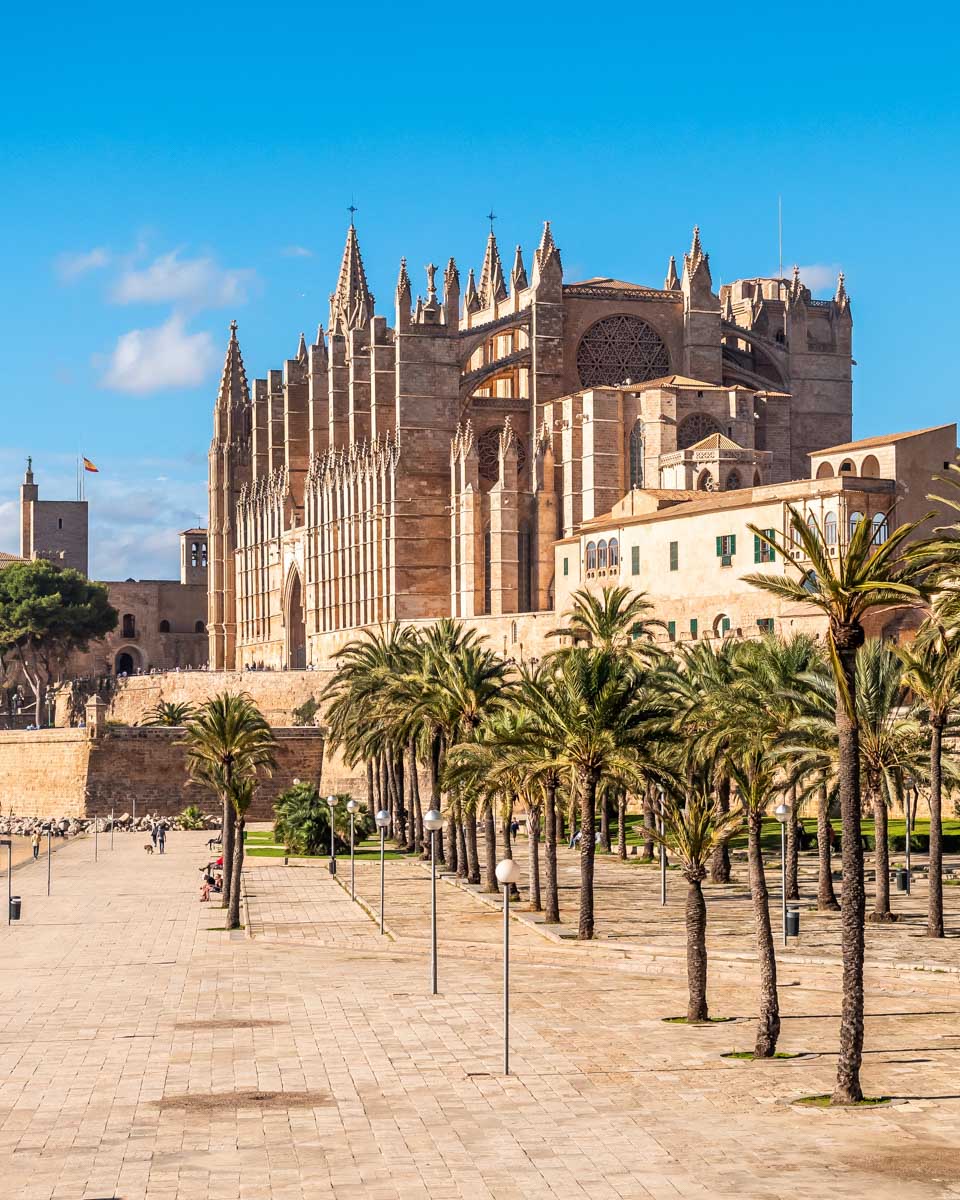 The Santa María Cathedral seen on an ebike tour in Palma de Mallorca Spain